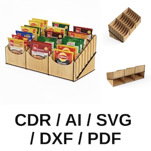 May include: A wooden spice packet organiser with multiple compartments, holding various spice packets. The organiser is made of light-coloured wood with a black outline. The image also includes the text "CDR / AI / SVG / DXF / PDF".