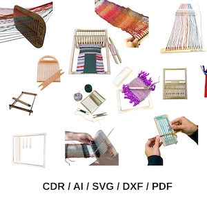 Puede incluir: Una colección de telares y herramientas de tejido de madera, de varios tamaños y estilos. Algunos telares tienen hilos coloridos en progreso, mostrando la artesanía. La imagen también incluye el texto "CDR / AI / SVG / DXF / PDF".