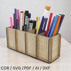 Organizador de mesa de madeira com corte a laser – Caixa de armazenamento de mesa de 3 mm para canetas, lápis, pincéis e tesouras – Download digital SVG DXF CDR