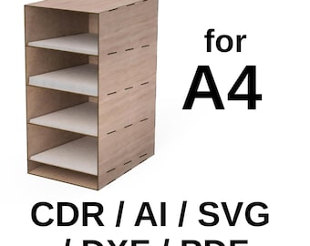 May include: A light brown wooden storage unit with four shelves. The text "for A4" is displayed in black. Below, the text "CDR / AI / SVG / DXF / PDF" is also displayed in black.