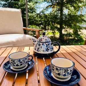Handmade Boleslawiec Tea Set- Ceramic Teapot and Cups- Polish Floral Pottery Gift