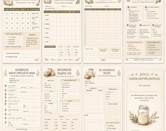 Puede incluir: Un paquete de inicio de masa madre con ocho páginas imprimibles y un certificado extra. El conjunto incluye una guía de proporción de alimentación, rastreador semanal, registro mensual, guía de solución de problemas, planificador y diario de horneado.