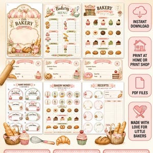 May include: A bakery pretend play bundle printable kit featuring a shop sign, menu, catalog, order cards, name badges, bakery money, and receipts. The set includes illustrations of bread, pastries, and cupcakes in soft pink and brown tones.