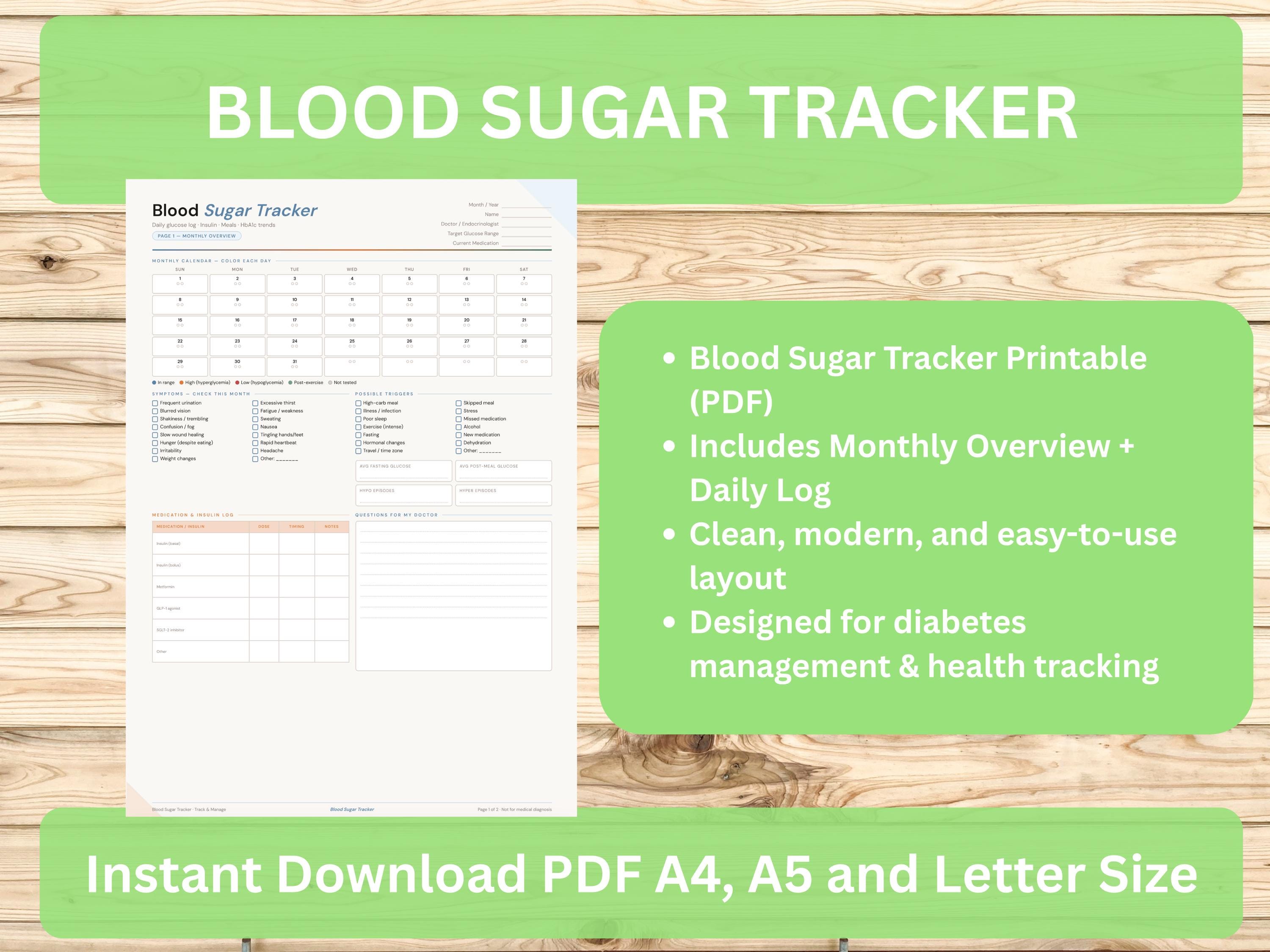 Blood Sugar Tracker Printable, Diabetes Log PDF, Glucose Journal, Daily ...