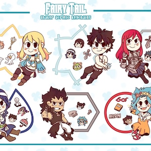 Könnte beinhalten: Eine Sammlung von Fairy Tail Shaker-Acryl-Anhängern. Jeder Anhänger zeigt einen Charakter aus der Anime-Serie, mit zusätzlichen kleinen Anhängern. Der Text auf dem Bild lautet "$15 each" und "8,9 cm Acryl-Anhänger".