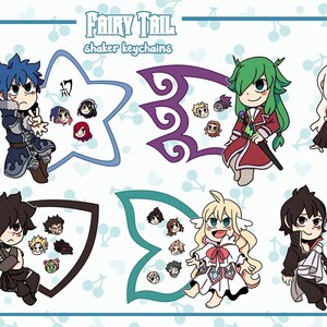 Peut inclure: Collection de porte-clés shaker en acrylique de 9 cm, recto-verso, avec des personnages de Fairy Tail. Chaque breloque a une forme et une couleur uniques, comme des ailes, des étoiles et des boucliers. Le texte "FAIRY TAIL shaker keychains" est en haut.