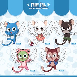 Może przedstawiać: Akrylowe zawieszki do telefonu z postaciami z Fairy Tail. Zawieszki przedstawiają Happy'ego, Carlę, Lily, Frosha i Lectora, każdy ze skrzydłami. Postacie są w różnych kolorach, w tym niebieskim, białym, brązowym, różowym i czerwonym. Tekst "Fairy Tail" znajduje się u góry.