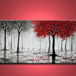 acrylic abstract painting,wall art,original,red tree,rain,misty forest,black white and red,30x15 inch canvas,office home decor,Made To Order