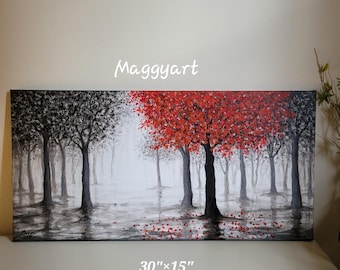 Red Tree Acrylic Painting, Misty Black and White Forest Art (30x15 inch)