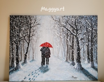 Acrylic original painting,red umbrella,walk in snowq