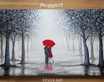 original acrylic art,kiss in rain,black white red,48x24inch