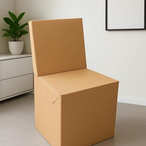 Puede incluir: Una silla de cartón marrón con respaldo, construida con cartón plegado. La silla está colocada sobre un suelo gris, con una pared blanca y un cuadro enmarcado en el fondo. Una planta en maceta se encuentra sobre un mueble blanco.