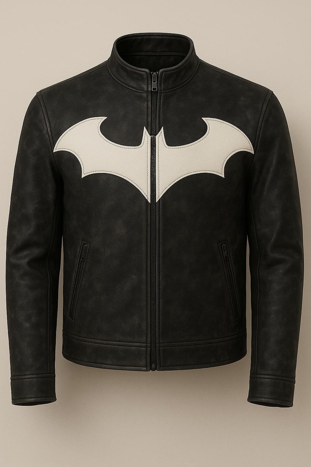 Men's Distressed Black Leather Bat Logo Jacket – Superhero Motorcycle ...