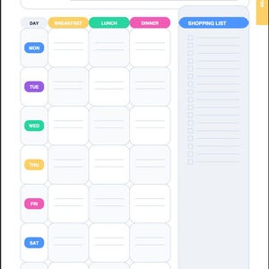 Op de afbeelding: Een maaltijdplanner met een geel en wit ontwerp. De planner bevat secties voor elke dag van de week, met ruimte voor ontbijt, lunch en diner. Een boodschappenlijstsectie is ook inbegrepen.