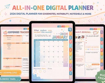 2026, 2027 All in One Digital Planner - Daily, Weekly, Monthly Journal, Hyperlink Undated Planner Ipad , Android