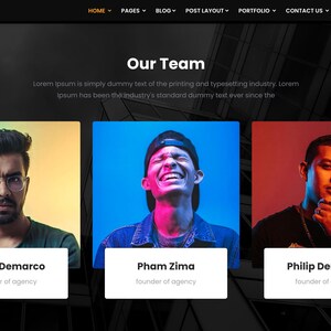 以下が含まれることがあります： チームメンバー3名のポートレートと名前、役職を表示するウェブサイトのデザイン。ウェブサイトのヘッダーには会社名「INTERA」とナビゲーションリンクが表示されています。ページタイトルは「私たちのチーム」です。