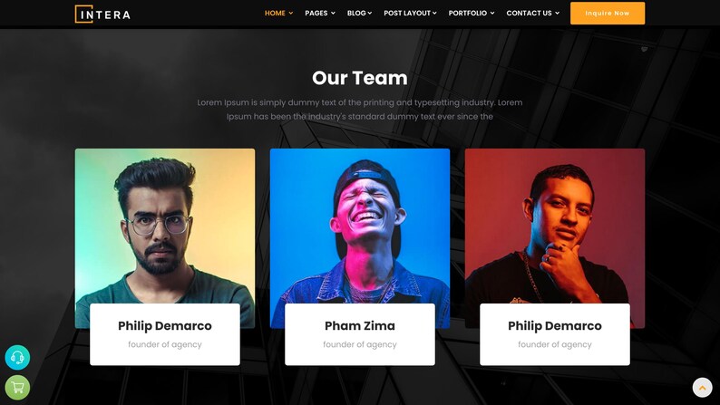 以下が含まれることがあります： チームメンバー3名のポートレートと名前、役職を表示するウェブサイトのデザイン。ウェブサイトのヘッダーには会社名「INTERA」とナビゲーションリンクが表示されています。ページタイトルは「私たちのチーム」です。