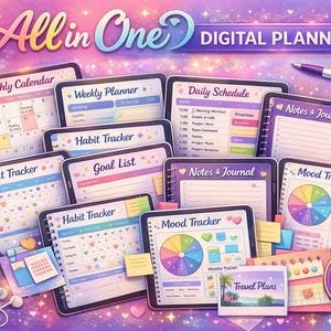All in One Digital Planner 2026, Hyperlinked Digital Notebook, Daily Weekly Monthly Planner, iPad Planner with Calendar, Journal & Stickers