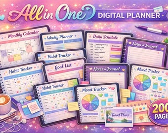 オールインワンデジタルプランナー2026、ハイパーリンク付きデジタルノートブック、デイリーウィークリーマンスリープランナー、カレンダー、ジャーナル、ステッカー付きiPadプランナー