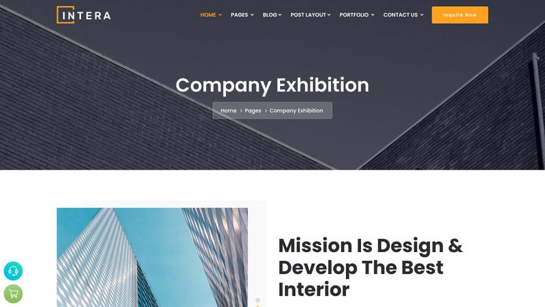 以下が含まれることがあります： 金と白のロゴで「INTERA」という会社名が特徴のウェブサイトデザイン。ヘッダーにはナビゲーションリンクとコールトゥアクションボタンが含まれています。メインコンテンツには「Company Exhibition」と「Mission Is Design & Develop The Best Interior」というテキストが表示されています。