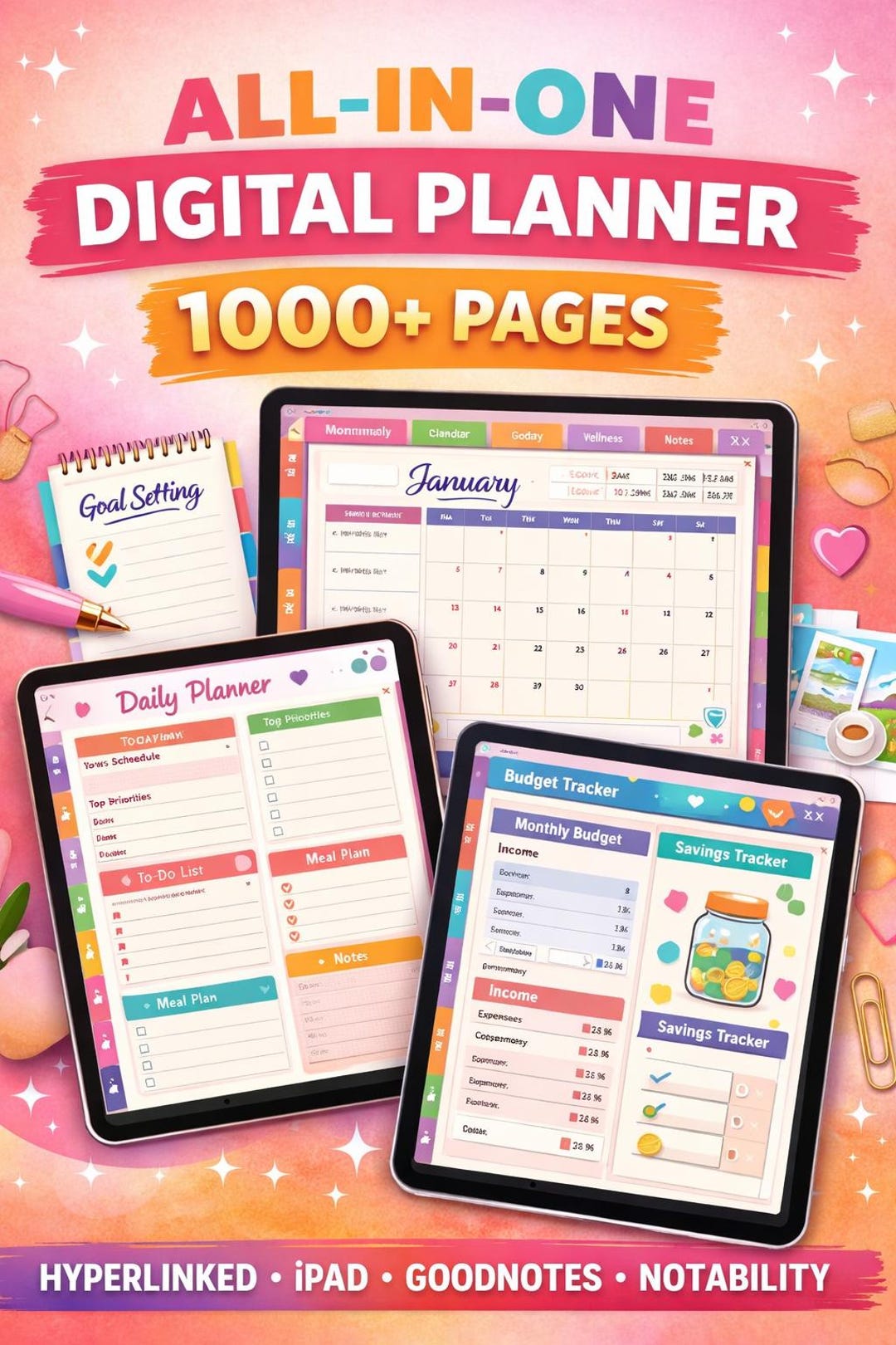 All in One Digital Planner 2026 2027 Digital Planner Digital Journal ...