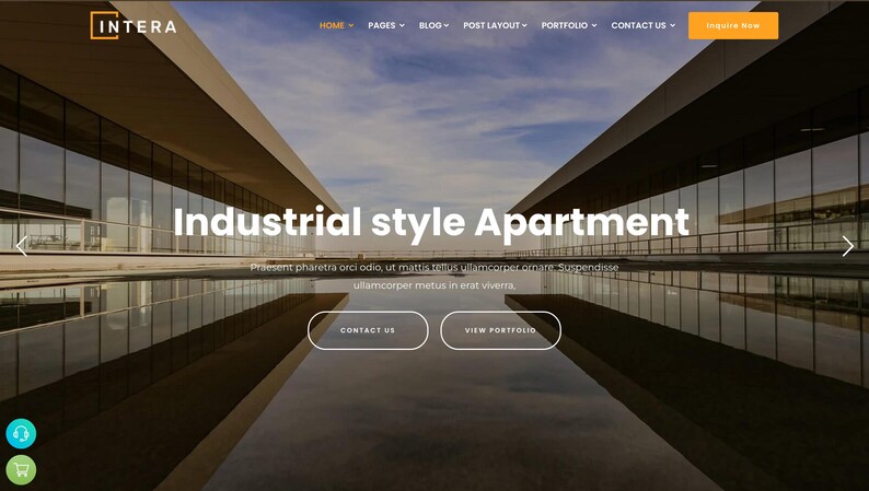 以下が含まれることがあります： インダストリアルスタイルのアパートメントを紹介するウェブサイトのデザイン。画像は、大きな窓と反射するプールを備えたモダンな建物を示しています。「Industrial style Apartment」、「Contact Us」、「View Portfolio」などのテキストが含まれています。Interaのロゴは左上にあります。