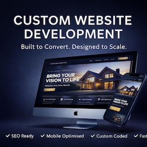 以下が含まれることがあります： コンピューターモニターとスマートフォンは、「BRING YOUR VISION TO LIFE」というテキストのウェブサイトデザインを表示しています。この画像は、カスタムウェブサイト開発を促進しており、上部には「CUSTOM WEBSITE DEVELOPMENT」というテキストがあります。追加のテキストには「Built to Convert. Designed to Scale.」が含まれています。