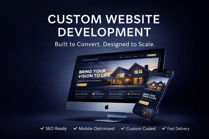 以下が含まれることがあります： コンピューターモニターとスマートフォンは、「BRING YOUR VISION TO LIFE」というテキストのウェブサイトデザインを表示しています。この画像は、カスタムウェブサイト開発を促進しており、上部には「CUSTOM WEBSITE DEVELOPMENT」というテキストがあります。追加のテキストには「Built to Convert. Designed to Scale.」が含まれています。