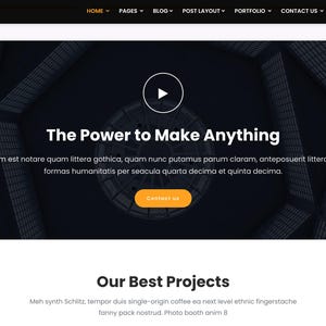 以下が含まれることがあります： 暗い背景と幾何学模様のウェブサイトデザイン。「The Power to Make Anything」というテキストが目立つように表示され、「Contact us」ボタンがあります。ウェブサイトのヘッダーには「INTERA」のロゴが含まれています。