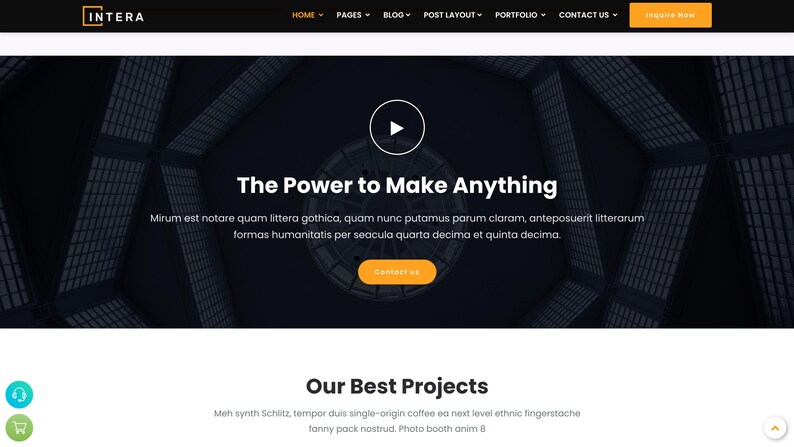 以下が含まれることがあります： 暗い背景と幾何学模様のウェブサイトデザイン。「The Power to Make Anything」というテキストが目立つように表示され、「Contact us」ボタンがあります。ウェブサイトのヘッダーには「INTERA」のロゴが含まれています。