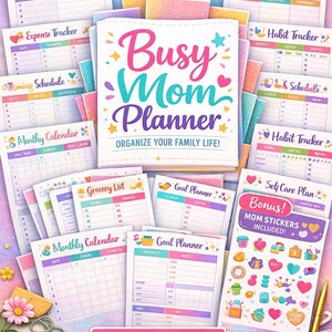 Op de afbeelding: Een kleurrijke "Busy Mom Planner" met pagina's voor maaltijdplannen, schema's en zelfzorg. Inclusief stickers. De planner heeft meer dan 35 pagina's.