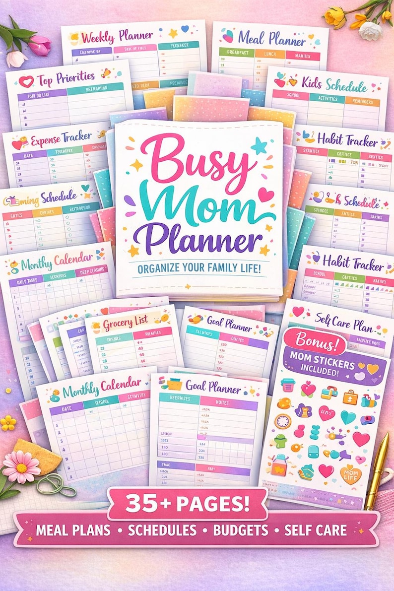 Op de afbeelding: Een kleurrijke "Busy Mom Planner" met pagina's voor maaltijdplannen, schema's en zelfzorg. Inclusief stickers. De planner heeft meer dan 35 pagina's.