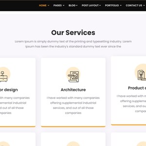以下が含まれることがあります： 「私たちのサービス」を紹介するウェブサイトのデザイン。インテリアデザイン、建築、製品デザインの3つのカテゴリーを強調表示しています。各セクションには簡単な説明とアイコンが含まれています。ウェブサイトのヘッダーには会社名「INTERA」が表示されています。