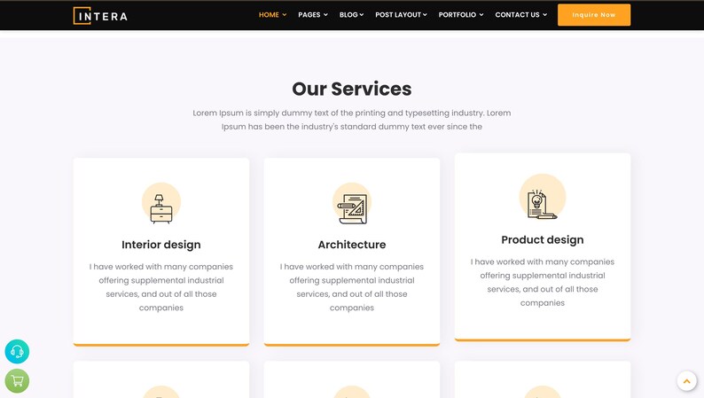 以下が含まれることがあります： 「私たちのサービス」を紹介するウェブサイトのデザイン。インテリアデザイン、建築、製品デザインの3つのカテゴリーを強調表示しています。各セクションには簡単な説明とアイコンが含まれています。ウェブサイトのヘッダーには会社名「INTERA」が表示されています。