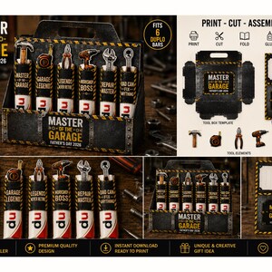 K&ouml;nnte beinhalten: Ein Geschenkset zum Vatertag mit einem Werkzeugkasten-Design, das sechs Artikel zum Thema Werkzeug enth&auml;lt. Der Werkzeugkasten tr&auml;gt den Text "MASTER OF THE GARAGE" und "FATHER'S DAY 2026".