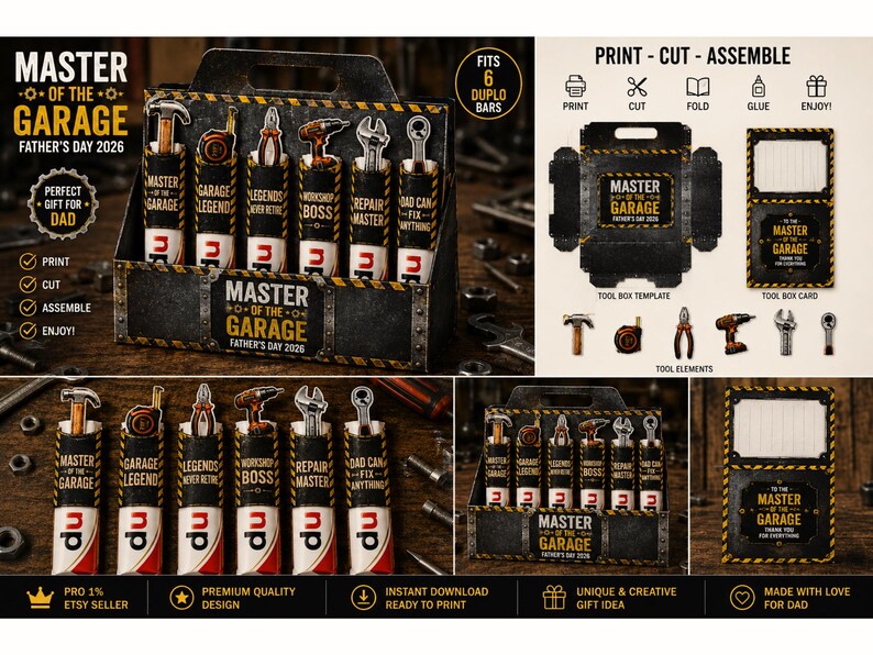 K&ouml;nnte beinhalten: Ein Geschenkset zum Vatertag mit einem Werkzeugkasten-Design, das sechs Artikel zum Thema Werkzeug enth&auml;lt. Der Werkzeugkasten tr&auml;gt den Text "MASTER OF THE GARAGE" und "FATHER'S DAY 2026".