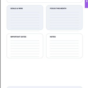 Op de afbeelding: Een witte en paarse plannerpagina met de titel "Maandoverzicht". Het bevat secties voor de maand, doelen, focus, belangrijke data en notities. De pagina heeft ook een sectie voor een maandelijkse check-in.