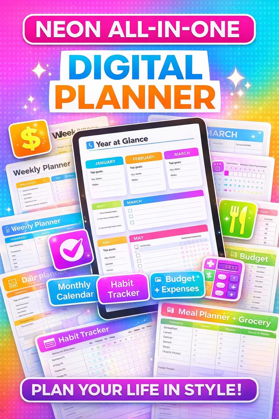 Undated Digital Planner Bundle for iPad and Android, All in One Daily ...