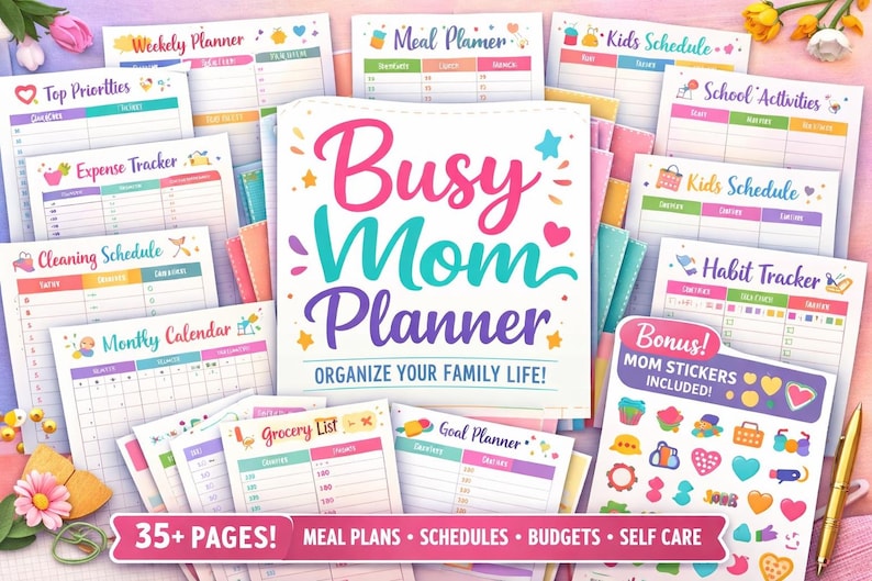 Op de afbeelding: Een kleurrijke planner getiteld "Busy Mom Planner" met verschillende planningspagina's, waaronder maaltijdplannen, schema's en onkosten trackers. De planner bevat stickers en is ontworpen om het gezinsleven te organiseren. De afbeelding bevat een verscheidenheid aan pastelkleuren.