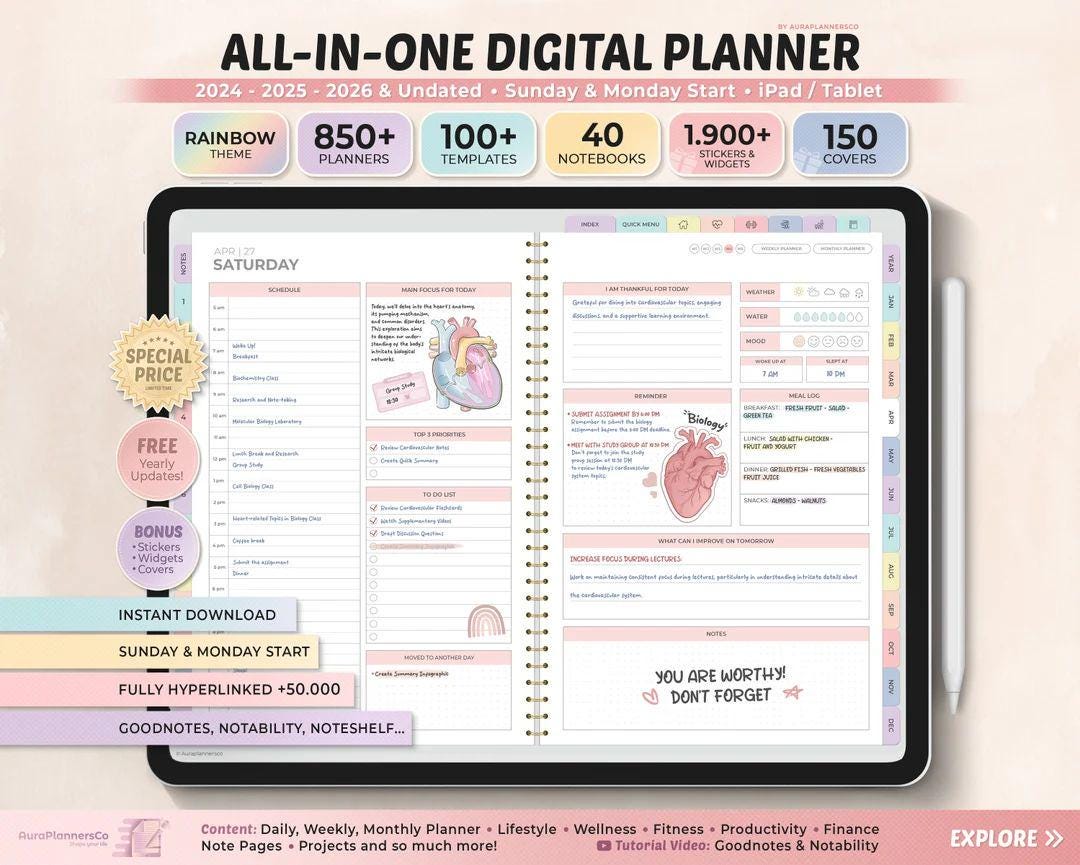 All in One Digital Planner 2026, Hyperlinked Digital Notebook, Daily ...