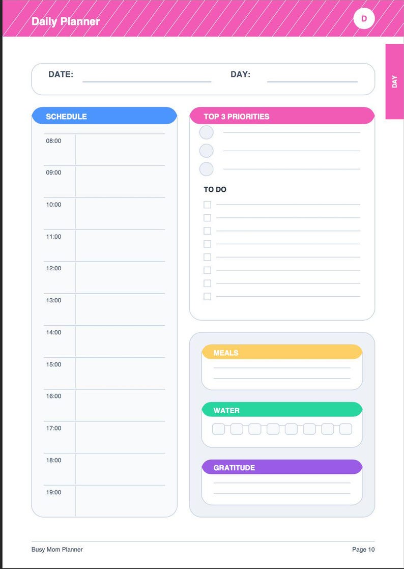 Op de afbeelding: Een dagplannerpagina met een roze en wit ontwerp. Het bevat secties voor schema, top 3 prioriteiten, takenlijst, maaltijden, waterinname en dankbaarheid. De planner heeft een blauw, roze, geel, groen en paars kleurenschema.