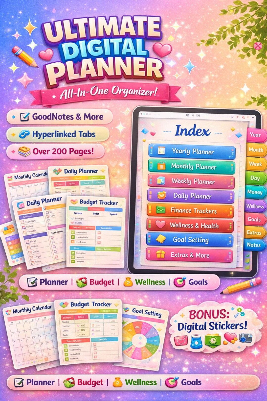 2026 All in One Minimalist Digital Planner for iPad | Undated Monthly ...
