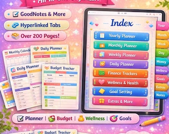 2026年オールインワンiPad用ミニマリストデジタルプランナー | ハイパーリンク付きデジタルジャーナル付き、日付なし月間、週間、日次プランナー