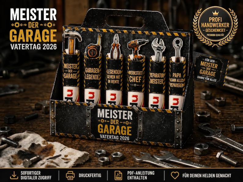 K&ouml;nnte beinhalten: Ein Geschenkset im Werkzeugkasten-Stil mit sechs Werkzeugbeh&auml;ltern, die jeweils mit einem Werkzeug und einem deutschen Satz beschriftet sind. Das Set ist schwarz und gelb mit der Aufschrift "MEISTER DER GARAGE VATERTAG 2026".