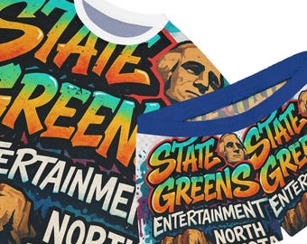 May include: A colorful set of underwear and a t-shirt featuring the text "State Greens Entertainment North Dakota". The design is a mix of graffiti and cartoon styles.
