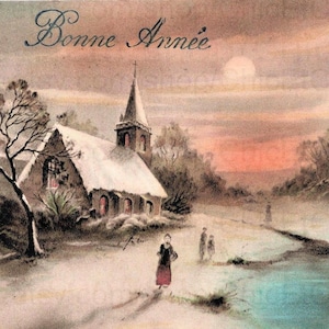 Vintage French New Year Postcard - Winter Village Scene