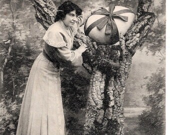 Unused French Easter Postcard - Woman Putting a Large Egg in a Tree