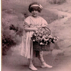 Old French Postcard - Little Girl with a Basket of Flowers
