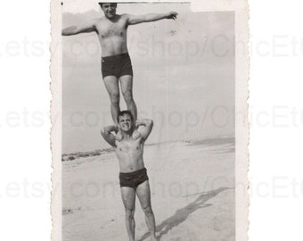 French Vintage Summer Photo - Man Stood on Another Mans Shoulders