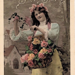 Unused French New Year Postcard - Woman with a Basket of Flowers